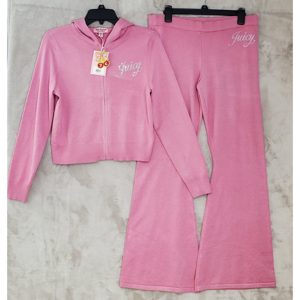Juicy Couture Knit Tracksuit Size L Rose Pink Set Hoodie and Flare Pants NWT
